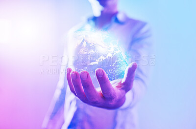 Buy stock photo Planet hologram, digital globe and hand of man for futuristic 5g global connection network technology with earth icon. Future space map, innovative future tech and corporate data networking iot icon 