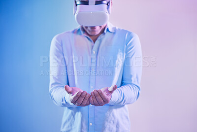 Buy stock photo VR, man and innovation in palm hands, cyber marketing and ai futuristic metaverse on color background. Virtual reality, holding advertising space and digital future, user technology or fantasy vision