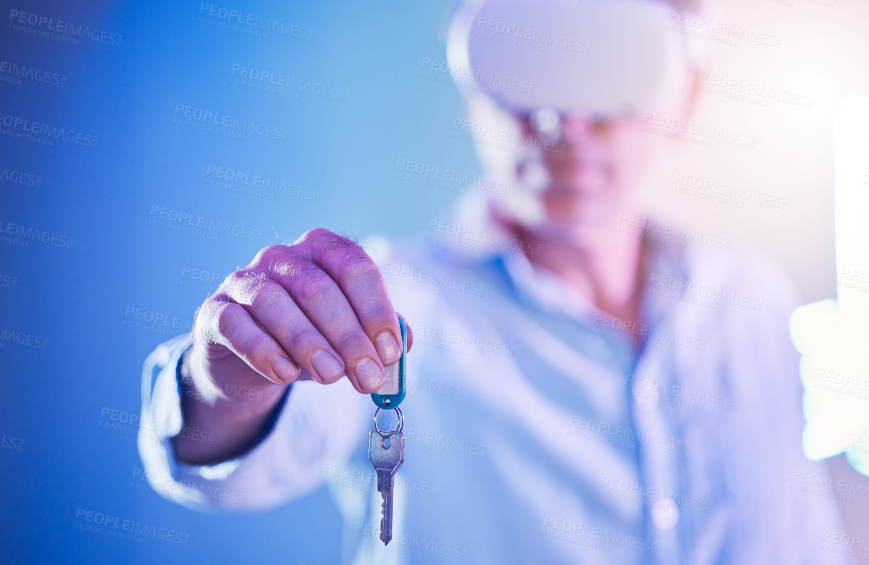 Buy stock photo Keys, virtual reality and metaverse with a hand of a man holding a key to access a digital simulation. VR, cyber security and real state with a male user opening data, software or information online