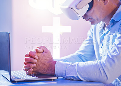 Buy stock photo Virtual reality, metaverse and technology, businessman with laptop and futuristic tech, digital innovation and corporate vr simulation. Senior, 3d glasses and augmented reality at desk in office.