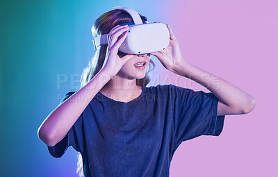 Buy stock photo Virtual reality, metaverse and futuristic, woman with 3d glasses, VR and technology, cyberspace and digital innovation in studio background. Young, simulation or gaming, internet and future tech.