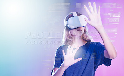 Buy stock photo Virtual reality, metaverse and information with a woman user accessing a digital world with headset goggles. Future, data and ai with a female using technology to access a cyber network or dashboard