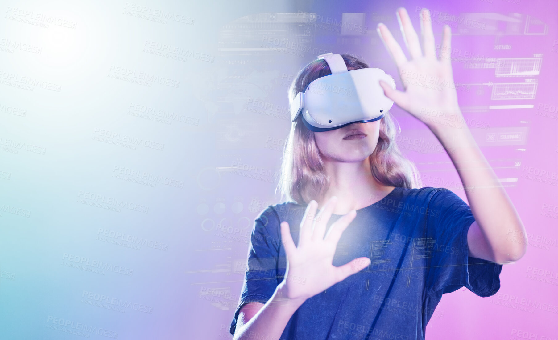 Buy stock photo Virtual reality, metaverse and information with a woman user accessing a digital world with headset goggles. Future, data and ai with a female using technology to access a cyber network or dashboard