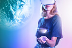 Vr planet, double exposure overlay and gamer girl with space video game on virtual reality with headset high tech hologram of planet. Woman, futuristic metaverse technology and 5g internet connection