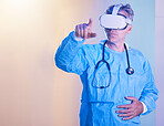 Medical vr, metaverse and doctor with glasses while consulting, working and planning 3d healthcare in neon room. Creative, futuristic and hospital surgeon with virtual reality technology for medicine