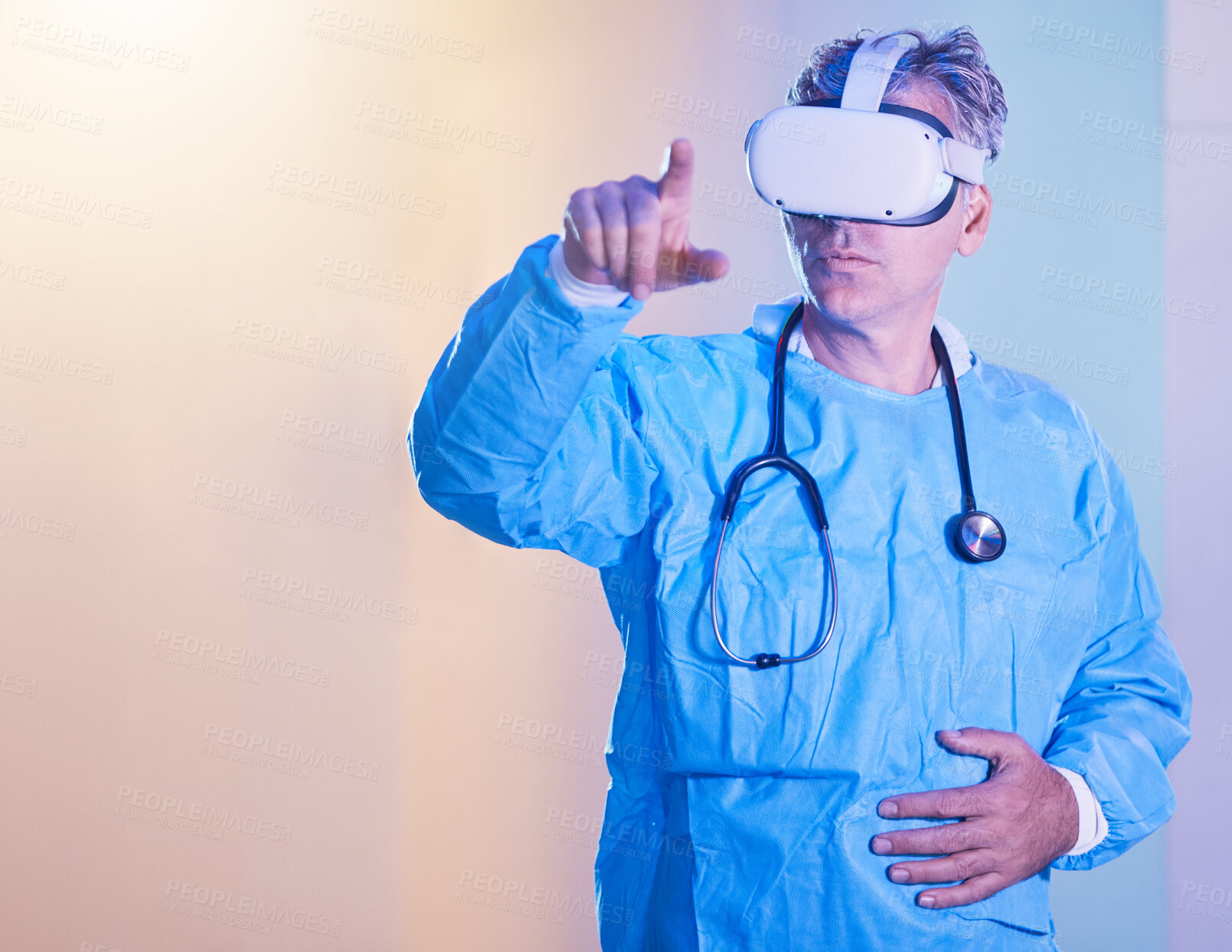 Buy stock photo Medical vr, metaverse and doctor with glasses while consulting, working and planning 3d healthcare in neon room. Creative, futuristic and hospital surgeon with virtual reality technology for medicine