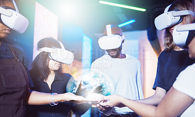 Buy stock photo VR world, people and digital hologram of future metaverse, global networking or cyber planet innovation. Community group, virtual reality and media globe, ai fantasy gaming tech and futuristic vision