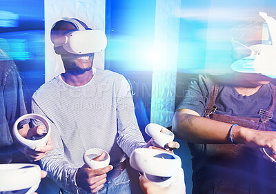 Buy stock photo Virtual reality, metaverse and future with a black man gamer and friends playing online with a remote and goggles. VR, internet and technology with a male group gaming or having fun together at home