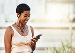 Black woman, smile and smartphone with earphones, music and communication, social media and audio streaming online. African American person, listening to podcast or radio, connection and technology.