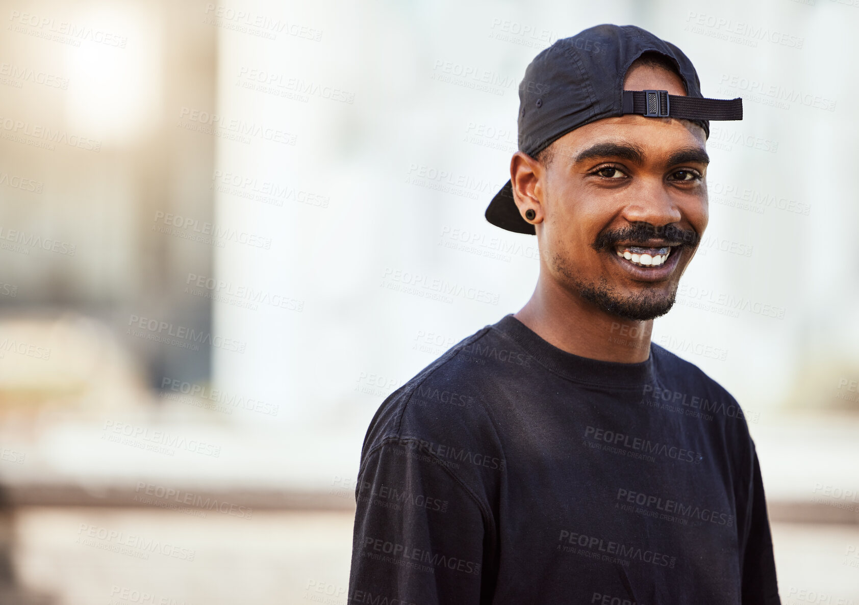 Buy stock photo Happy, smile and portrait of a man in the city on a summer holiday, adventure or journey. Happiness, freedom and young guy from Mexico on a walk for exercise and fresh air in a urban town on vacation