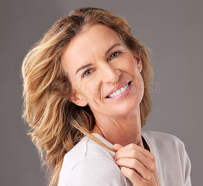 Buy stock photo Skincare, anti aging and beautiful mature woman with a smile on her face on gray background. Beauty, fashion and skin care, middle aged lady from USA with health, wellness and wrinkles on clean skin.