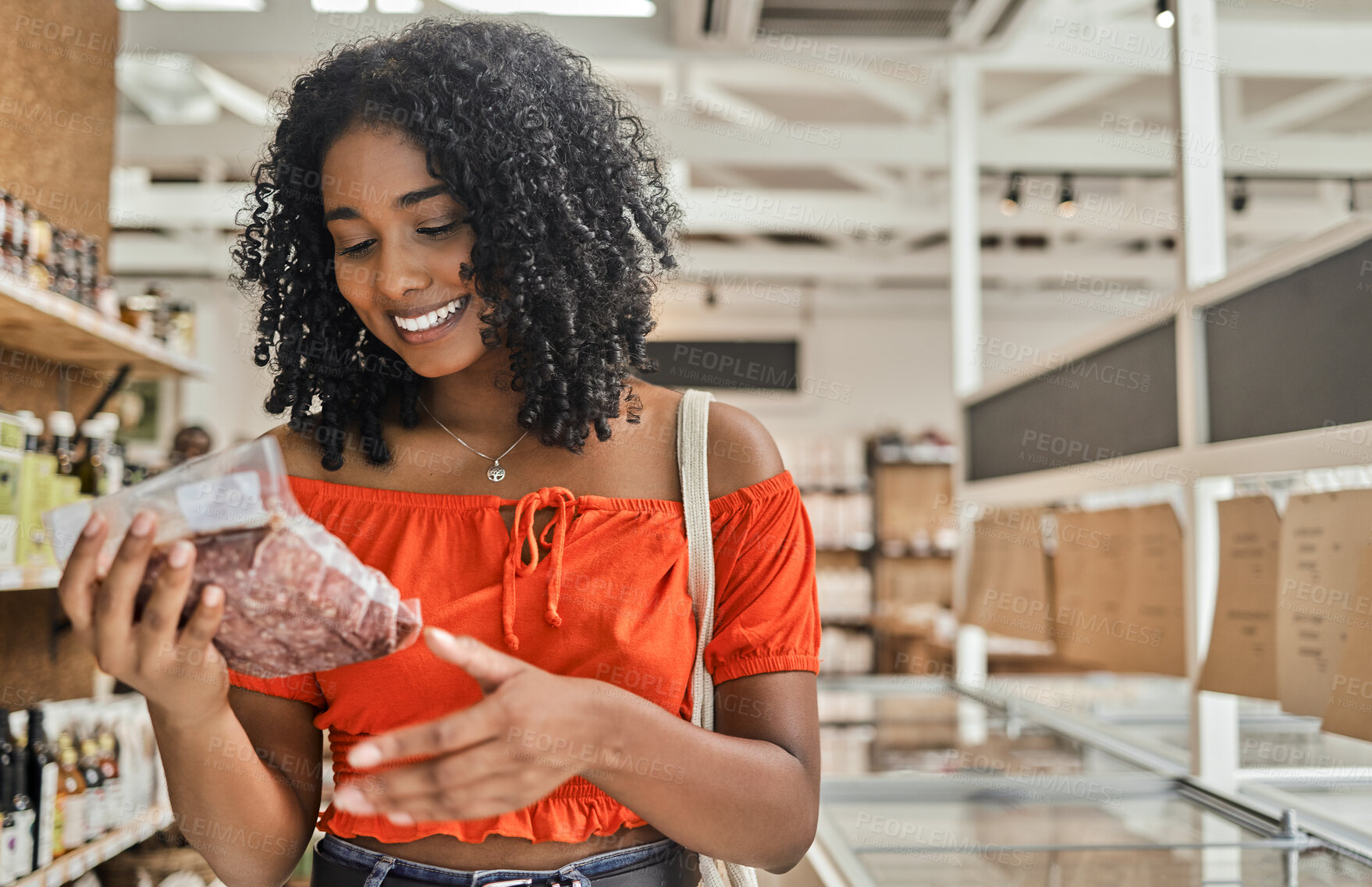 Buy stock photo Customer, shopping and woman reading meat label of groceries, stock information and check cost price in retail supermarket store. Happy consumerism choice, healthy food products and grocery quality 