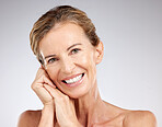 Senior woman with natural skincare, portrait of smile on studio background and advertising spa treatment. Dental healthcare of elderly lady, happy face and white teeth wellness and luxury beauty