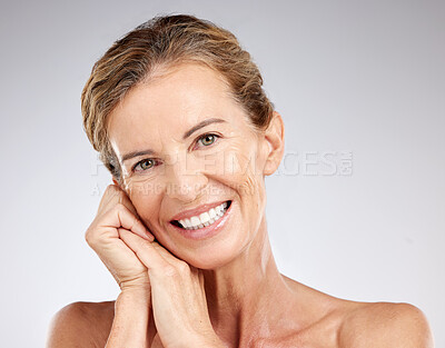 Buy stock photo Senior woman with natural skincare, portrait of smile on studio background and advertising spa treatment. Dental healthcare of elderly lady, happy face and white teeth wellness and luxury beauty