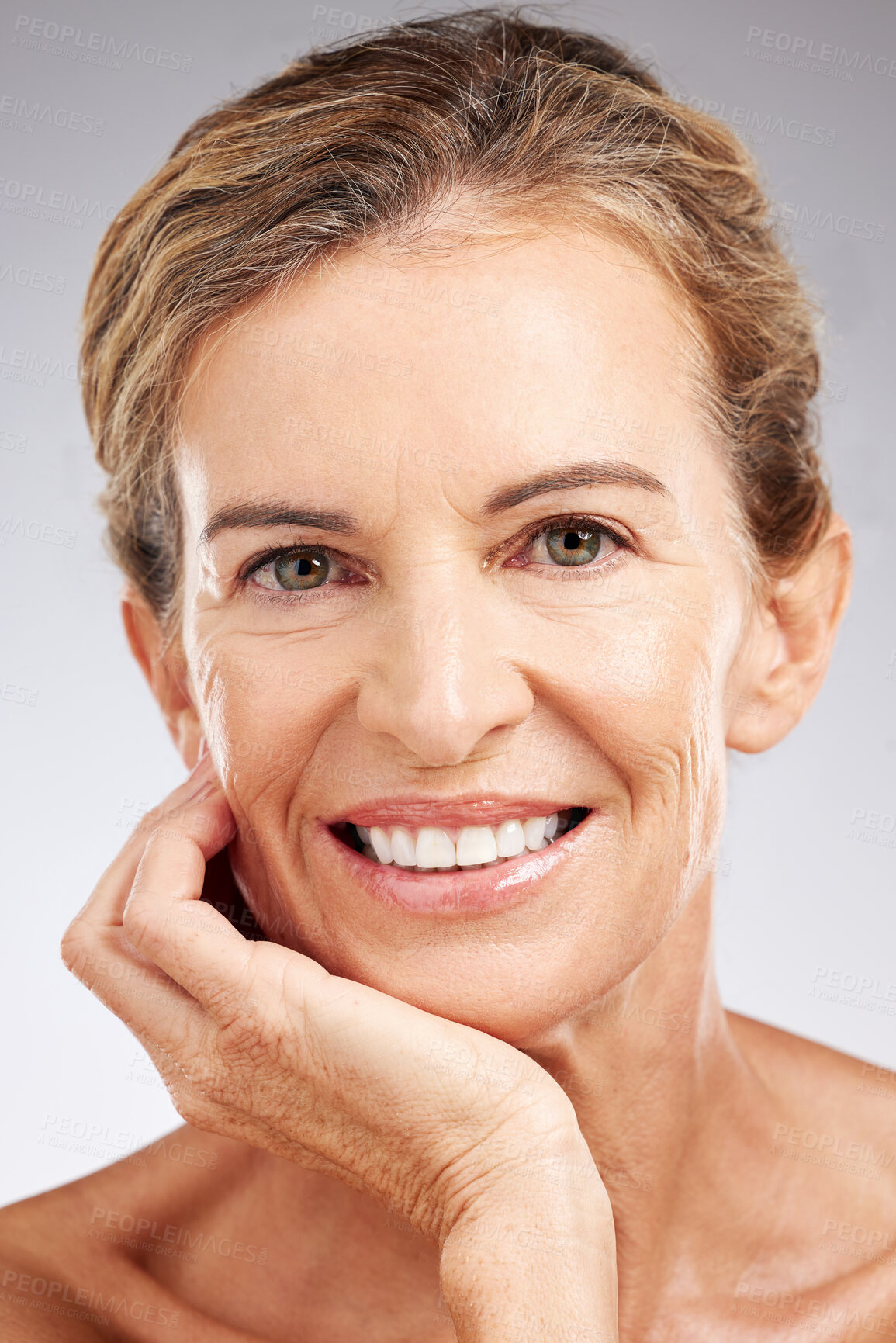 Buy stock photo Skincare, face and portrait of senior woman in studio with beauty, cosmetic and health routine. Happy, smile and elderly lady with wrinkles isolated by gray background with wellness anti aging facial