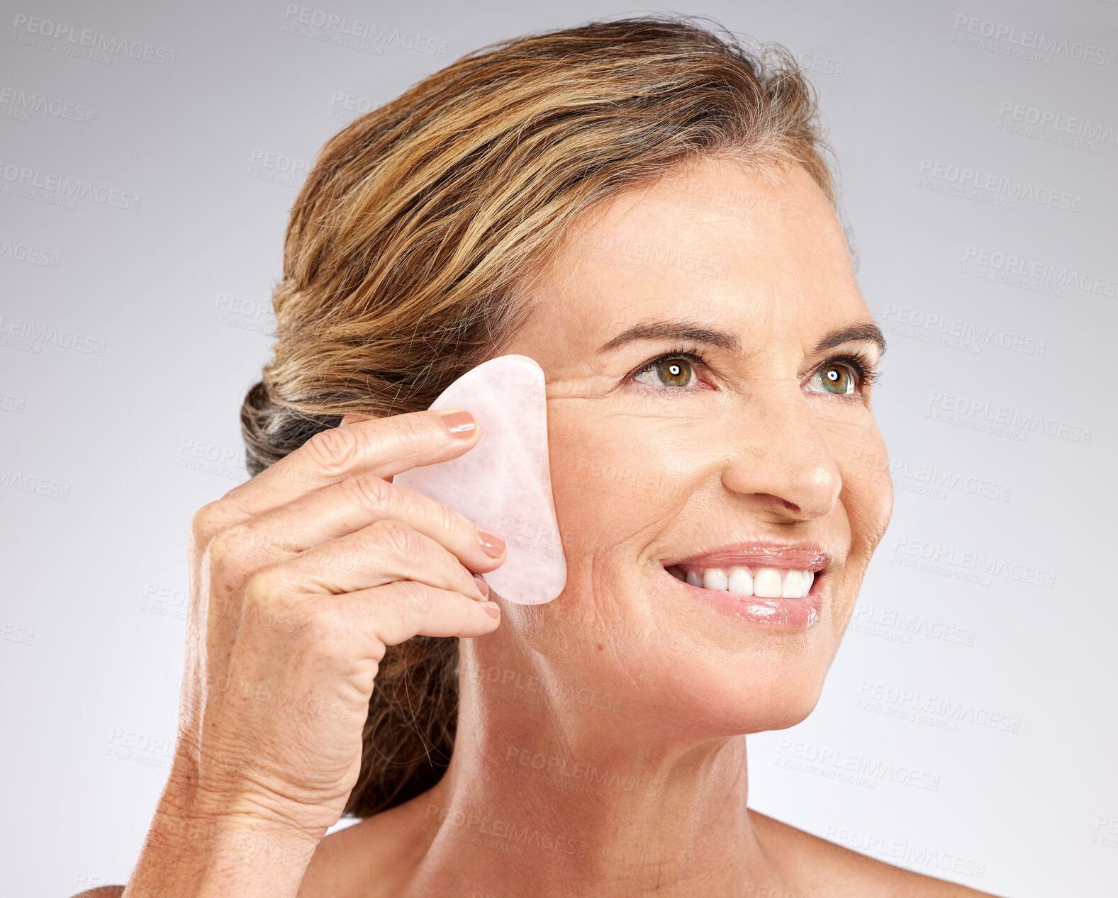 Buy stock photo Cleaning, skin and anti aging, woman and skincare, remove makeup and natural cosmetic advertising, wrinkles and facial care. Mature person, clean and fresh glow, face treatment and wellness.