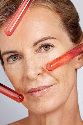 Buy stock photo Cosmetics science, test tube and portrait of woman with anti aging chemical, skincare innovation product or makeup. Facial beauty, healthcare and aesthetic face of senior testing biotech cosmetic