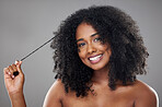 Beauty, hair and face, black woman and hair care with natural hairstyle motivation and cosmetic advertising portrait. African, skincare and curly afro, makeup and cosmetology with  studio background