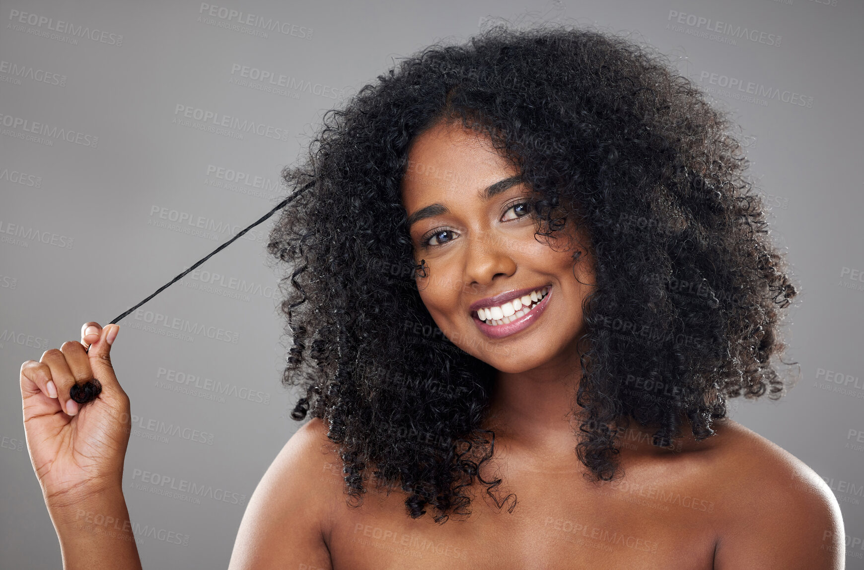 Buy stock photo Beauty, hair and face, black woman and hair care with natural hairstyle motivation and cosmetic advertising portrait. African, skincare and curly afro, makeup and cosmetology with  studio background