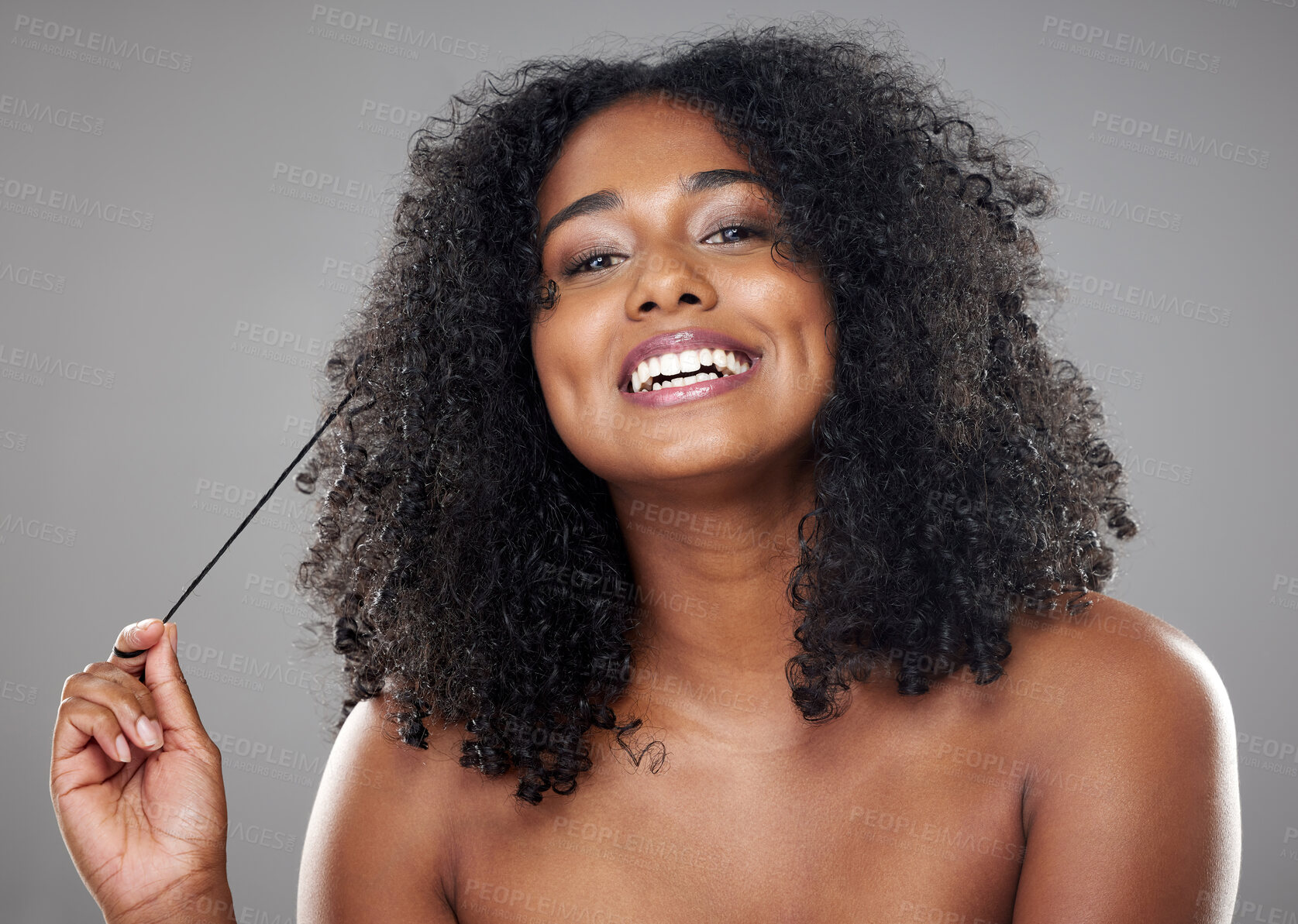 Buy stock photo Beauty, hair and black woman in a studio with mockup for wellness, skincare and health while grooming against grey background. Portrait, model and cosmetic, hair care and clear skin, relax aesthetic 