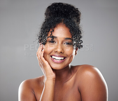 Buy stock photo Beauty, skincare and woman smile for natural skin glow, dermatology and wellness in mockup studio background. Face of a happy, relax and black model excited about facial care, wellness of cosmetics