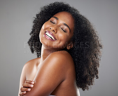 Buy stock photo Skincare, beauty and woman with glow from a spa, health and wellness against a grey mockup studio background. Makeup, cosmetics and girl model with smile for hair care, dermatology and love for body