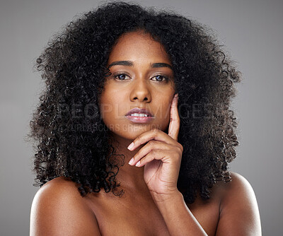 Buy stock photo Beauty, skincare and natural hair portrait of black woman in studio  cosmetics, makeup and dermatology mockup for skin with healthy glow. Face of model female from jamaica for makeup and self love