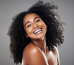 Black woman, smile and hair in face, makeup and happy with beauty, afro and cosmetics in studio portrait. Model, happiness or skincare with cosmetic, shine or glow for healthy, hair care or wellness