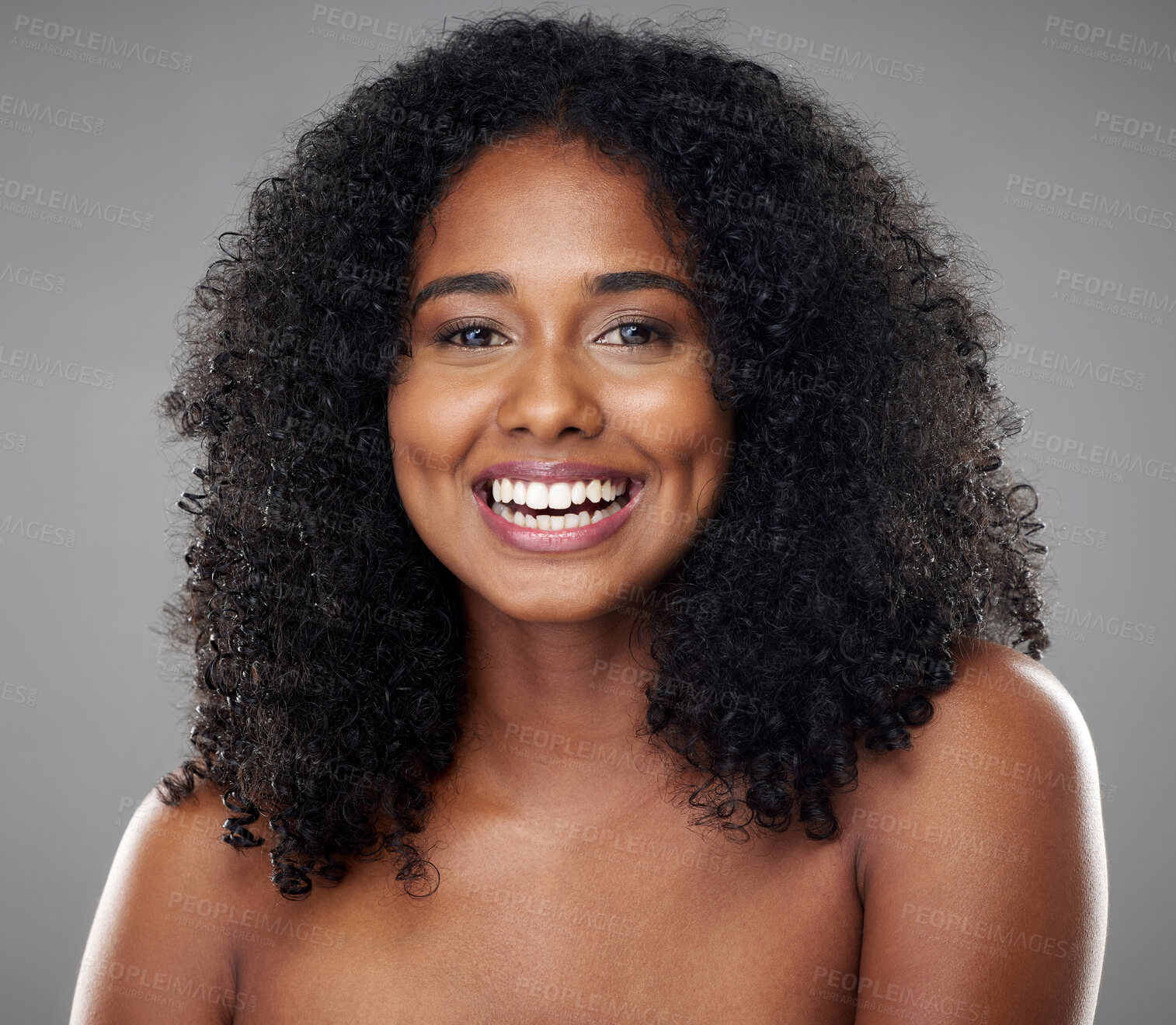 Buy stock photo Black woman, beauty and smile, hair and skin, natural cosmetics advertising with skincare and hair care treatment portrait. Makeup, facial wellness and body care with grey studio background. 