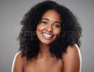 Buy stock photo Happy, smile and portrait of a young woman with clean, beautiful and natural hair in a studio. Happiness, beauty and face of girl model with afro from Brazil smiling while isolated by gray background