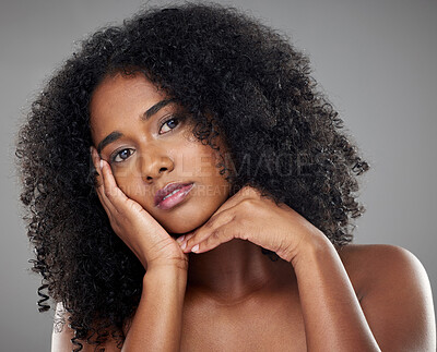 Buy stock photo Face, skin and beauty, black woman skincare and natural cosmetics and haircare, hands frame in cosmetology advertising portrait. African American, model and facial treatment, body care and wellness. 