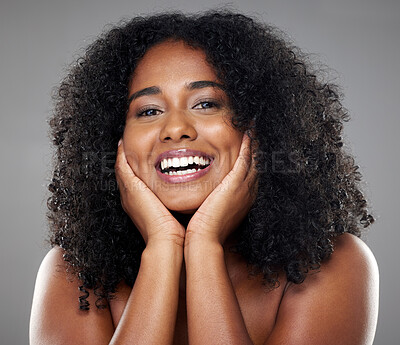 Buy stock photo Face, beauty and skincare of happy black woman on gray studio background. Health, wellness and smile of female model from South Africa in makeup, facial cosmetics or beautiful, curly and healthy hair
