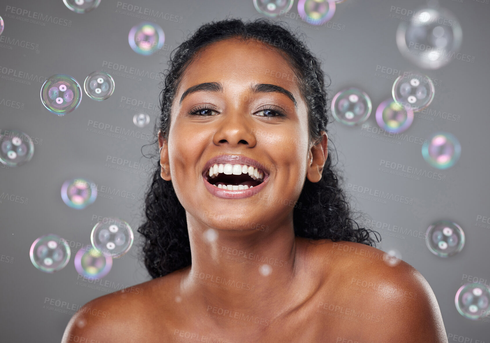 Buy stock photo Beauty, makeup and skincare woman with bubble for facial cleaning, hygiene and self care wellness. Health lifestyle, cosmetics product or aesthetic face portrait of happy model girl with soap bubbles