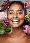 Beauty, makeup and skincare woman with flowers for creative cosmetics, natural glowing skin or spa wellness. Spring bouquet design, luxury care product and aesthetic face portrait of happy model girl