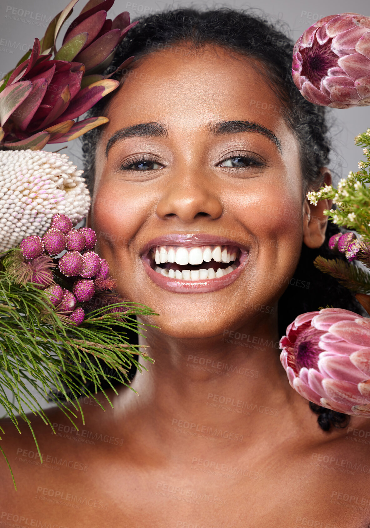 Buy stock photo Beauty, makeup and skincare woman with flowers for creative cosmetics, natural glowing skin or spa wellness. Spring bouquet design, luxury care product and aesthetic face portrait of happy model girl
