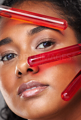 Buy stock photo Black woman, skincare and serum for beauty, face and health with glow, shine and moisturizer. Model, woman and skin with red, chemical and vial for cosmetics, wellness and healthy for facial, makeup