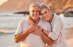 Couple, senior and beach with smile, hug and love on holiday, vacation or relax with romance. Elderly, woman and man by sea, ocean or waves for portrait, together or care in retirement with happiness