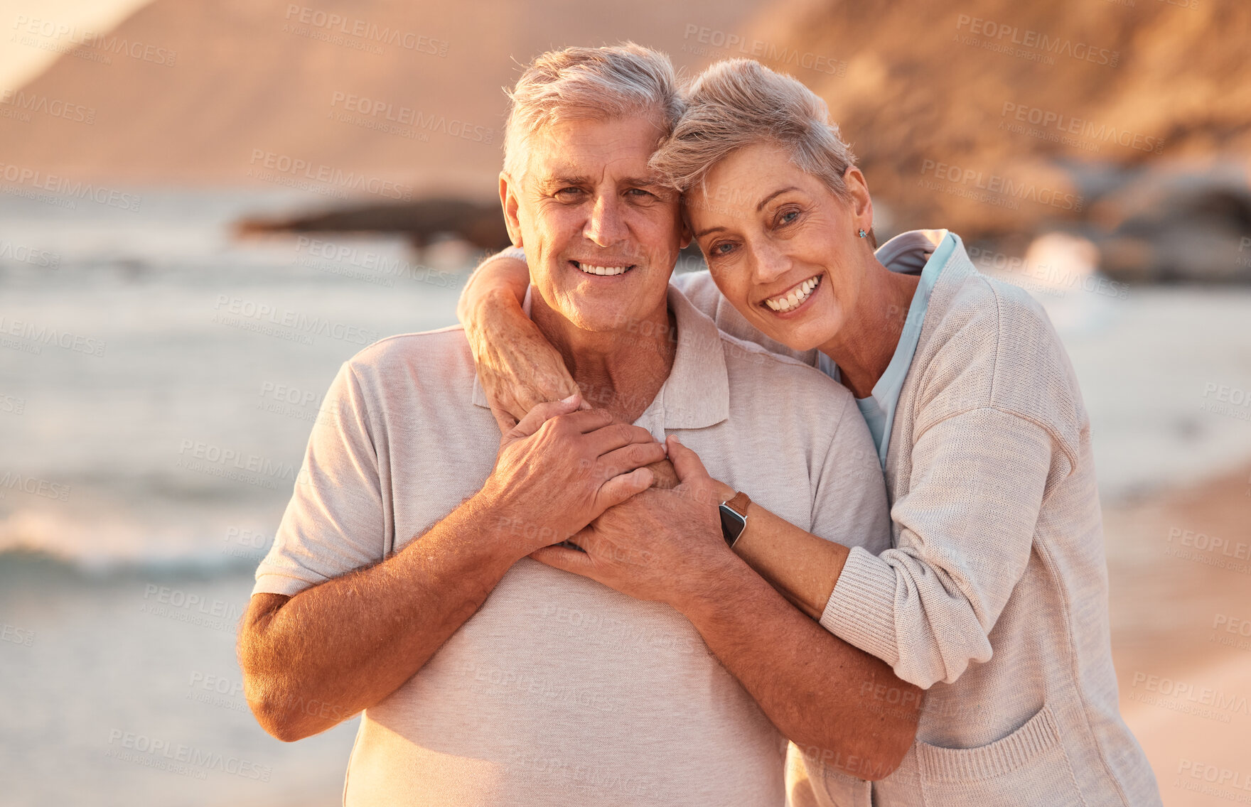 Buy stock photo Couple, senior and beach with smile, hug and love on holiday, vacation or relax with romance. Elderly, woman and man by sea, ocean or waves for portrait, together or care in retirement with happiness