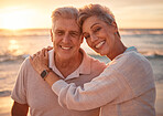 Senior couple, beach portrait and hug on vacation, trip or summer holiday. Love, sunset and elderly, retired and happy man and woman on sea or ocean shore enjoying romantic time together outdoors.
