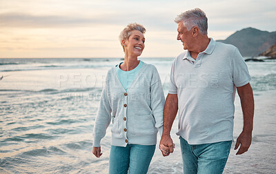 Buy stock photo Beach, holding hands and senior couple with sunset for outdoor wellness, retirement holiday and outdoor date mock up sky. Happy elderly people, or old man and old woman walking by sea or ocean water