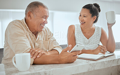 Buy stock photo Happy couple, phone and planning online budget, shopping list and drink coffee together in kitchen. Happiness, married man and smiling woman, laugh, mobile conversation and morning routine at home