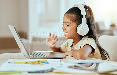 Buy stock photo Video call, online education and child with laptop, headphones and home table for e learning virtual class. Hello, zoom call and girl kid in elearning school listening to audio kindergarten language