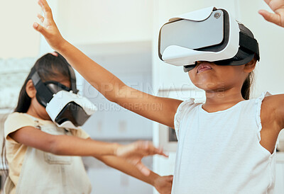 Buy stock photo Metaverse, vr headset or gaming children in house or home cyber world software, ai media or futuristic esports. Girls, kids or family sisters on virtual reality gamer technology or 3d interactive app