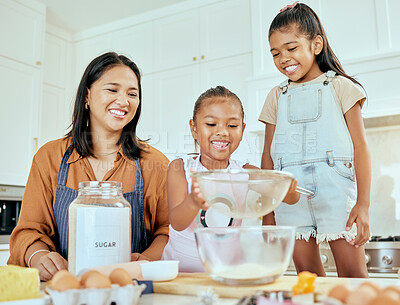 Buy stock photo Cooking, learning and mother with children in kitchen for food, breakfast and happy in the morning. Smile, wellness and help with kids chef and mom in family home for baking, health and cake together