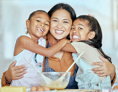 Buy stock photo Family, children and baking with a girl, mother and sister learning about cooking in the kitchen of their home together. Food, egg and kids with a woman and daughter siblings making baked goods