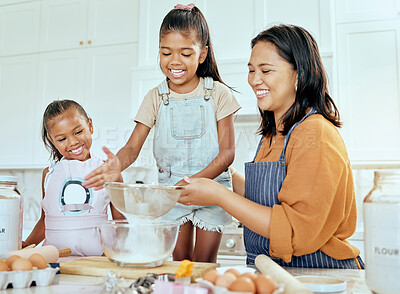 Buy stock photo Happy family cooking, mother and children help mom with egg, wheat flour and bake food in home kitchen. Love, youth kids teamwork on baking and enjoy fun, bonding or quality time helping support mama