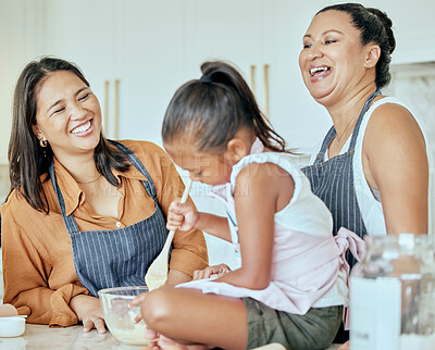 Buy stock photo Happy, cooking and learning with family in kitchen together for breakfast, food and health. Wellness, help and smile in home for teaching and baking with girl chef, grandmother and mother. 


