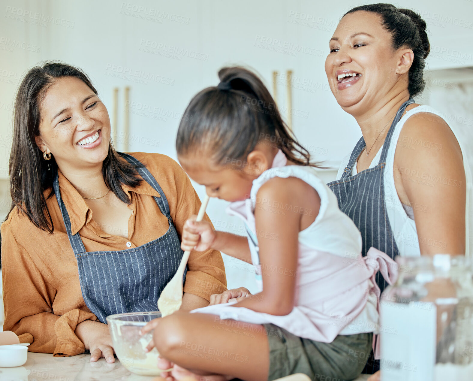 Buy stock photo Happy, cooking and learning with family in kitchen together for breakfast, food and health. Wellness, help and smile in home for teaching and baking with girl chef, grandmother and mother. 

