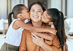 Love, mother and girls kiss, hug and happy together with smile and outdoor bonding. Portrait, mama and children with embrace, being loving and happiness with proud female parent and connect with kids