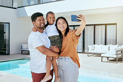 Buy stock photo Happy family, home pool and phone selfie in backyard, outdoors and having fun. Love, support and care of parents carrying girl, bonding and taking picture on 5g mobile for social media post or memory